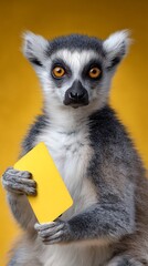 Fototapeta premium portrait of a ring tailed lemur with football yellow card, warning