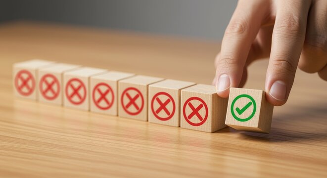 Choosing the right option with wooden blocks choice wrong decision success failure tick cross check mark symbol concept business