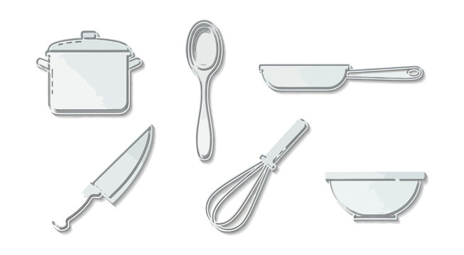 Kitchen utensils illustration pot spoon knife pan whisk bowl on black