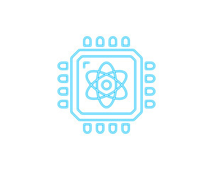 Blue line icon of a microchip with an atomic nucleus symbol representing AI, quantum computing, and advanced digital technology. Clean minimalist vector ideal for tech branding and UI graphics. 