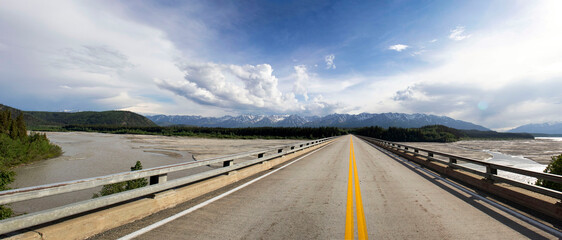 Fototapeta premium Pano of bridge between Tok and Delta Junction