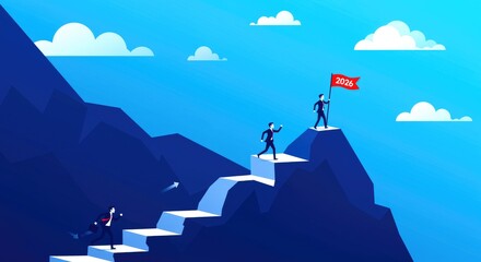 Reaching 2026 Goal on Mountain Top achievement ambition ascent business businessman challenge climb climbing clouds competition concept