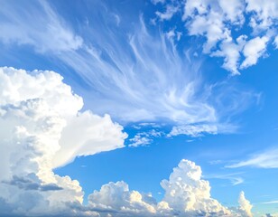 Dramatic cumulus and wispy cirrus clouds filling a vibrant blue sky