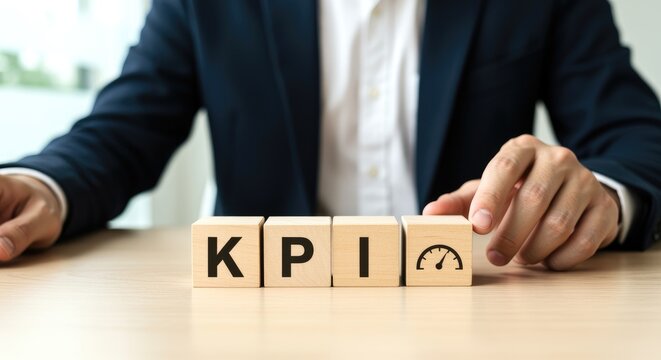 KPI concept with wooden blocks and businessman key performance indicator speedometer measurement success strategy management goal