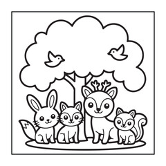 Fototapeta premium Kids-friendly group of animals set black and white coloring pages.