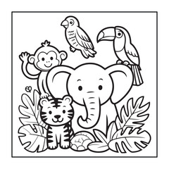 Kids-friendly group of animals set black and white coloring pages.