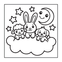 Kids-friendly group of animals set black and white coloring pages.