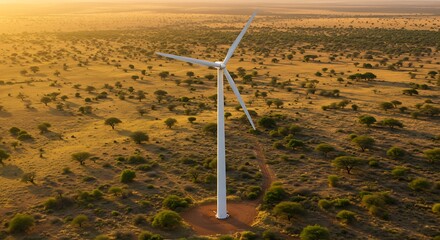 Aerial view of a wind turbine in an open, grassy landscape at sunrise