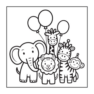 Kids-friendly group of animals set black and white coloring pages.