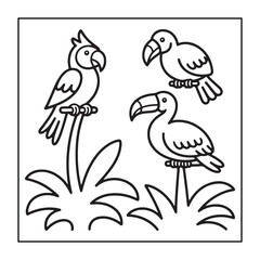 Kids-friendly group of animals set black and white coloring pages.