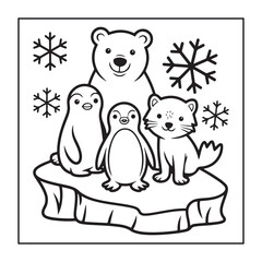 Kids-friendly group of animals set black and white coloring pages.