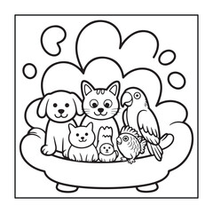 Kids-friendly group of animals set black and white coloring pages.