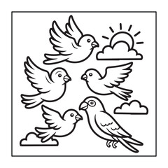 Kids-friendly group of animals set black and white coloring pages.