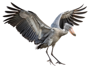 Majestic grey shoebill stork spreading large wings. Powerful african bird in flight pose isolated on transparent background looks intense