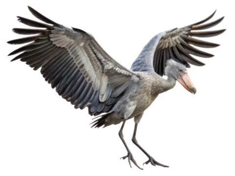 Majestic grey shoebill stork spreading large wings. Powerful african bird in flight pose isolated on transparent background looks intense