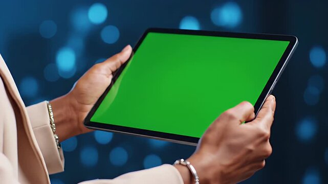 Person holds a digital tablet with a green screen, ready for custom content, virtual presentations, or interactive application displays