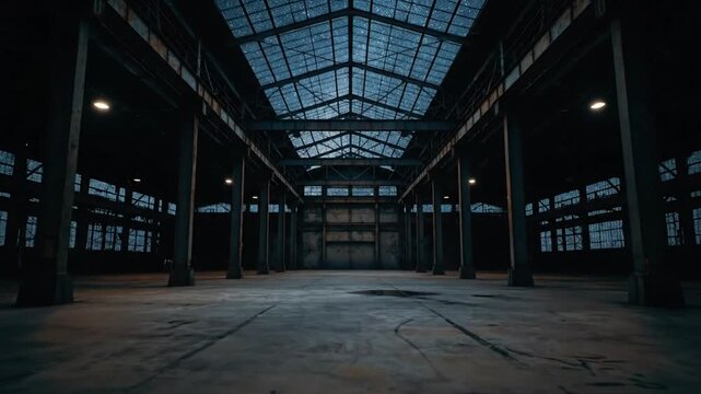Cinematic Dolly Shot Moving Through a Vast, Empty Industrial Warehouse with a Starry Night Sky Visible Through the Glass Ceiling