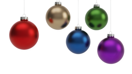 Festive christmas ornaments hanging on black background red gold green blue and purple holiday decorations for christmas tree