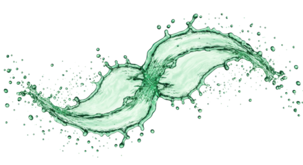 dynamic emerald green water sculpture, ultra-high-speed capture of a splash frozen mid-air with hundreds of fine droplets, hyper-detailed on a transparent backdrop. concept for premium beverage