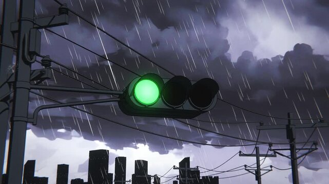 Rainy Street Traffic Light Anime Loop Animation