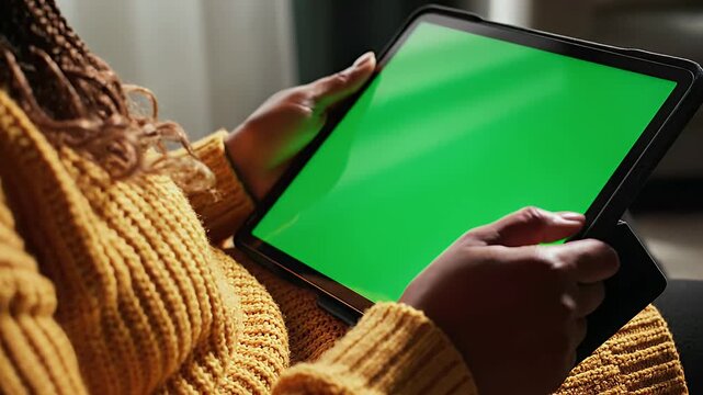Close-up of a person with stylish braids wearing a cozy yellow sweater, holding a modern tablet with a vibrant green screen, perfect for showcasing custom digital content or app designs