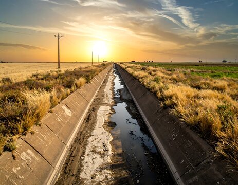 Drainage ditch stretches into the horizon at sunset, with fields and power lines