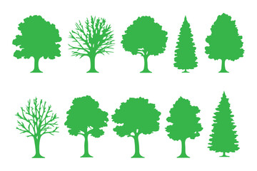 Obraz premium Winter tree silhouette set, bare deciduous and pine trees vector collection, leafless forest clipart, seasonal nature illustration pack