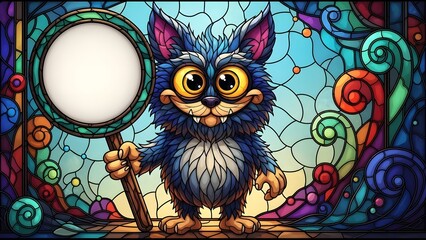 Naklejka premium Whimsical Blue Monster Character with Staff and Round Sign in Stained Glass