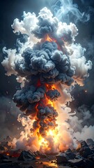 Dramatic explosion with rising dark smoke and bright orange flames against a dark sky