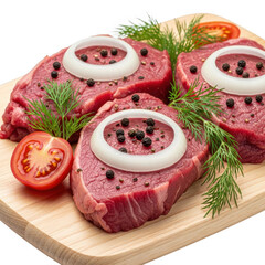 Juicy Raw Beef Steaks on Wooden Cutting Board with Onion and Dill, Gourmet Red Meat Preparation for Grill, Delicious Meal on Checkered Backdrop