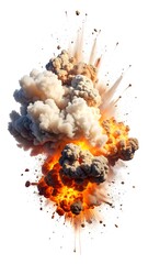 Dramatic, fiery explosion with billowing smoke and debris against white background
