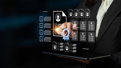 A business professional engages with a digital tablet, showcasing modern data management and verification tools through a sleek interface in a contemporary office setting. Gantry