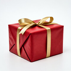 Classic red wrapped present tied with luxurious gold ribbon and bow on white background. Perfect Christmas or celebration gift.