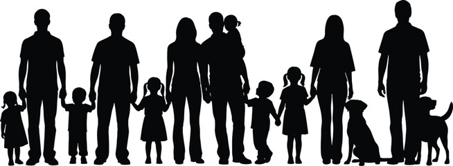 Silhouettes of adults, children, and dogs standing together, black and white illustration, family and community theme, unity and companionship concept