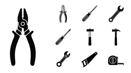 Fototapeta premium Collection of black silhouette tools including pliers screwdrivers and wrenches