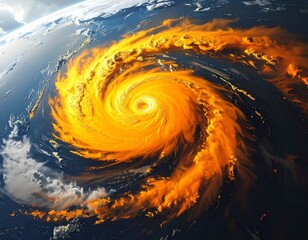 Dramatic fiery hurricane swirling above Earth in space, viewed from above