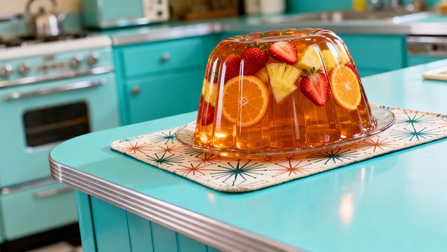 Classic Jell-O Fruit Mold Dessert on a Turquoise Countertop in a Retro 1950s Kitchen. Vintage American Food. Generative AI