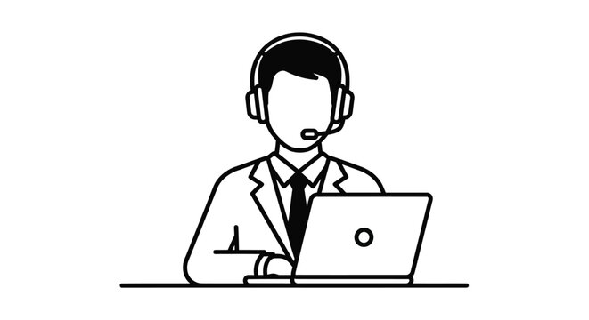Customer support representative working with a laptop and headset illustration - Powered by Adobe