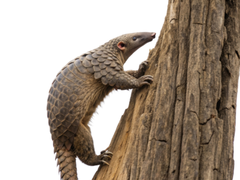 Focused scaly pangolin animal climbing tree trunk. This wild mammal in nature shows its unique scales and determined expression