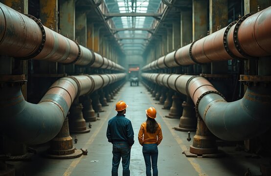 Male and female engineers in hard hats inspect large industrial pipes in a factory. They discuss operations in a vast manufacturing plant. Workers collaborate on heavy machinery systems.