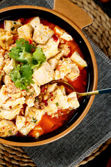Traditional Chinese Mapo Tofu with Pork in Spicy Clay Pot