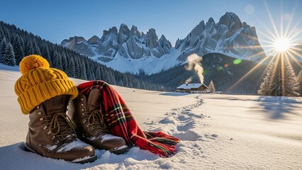 Close-up of leather winter boots, a yellow pom-pom hat, and a tartan scarf resting in deep snow, set against a stunning mountain range and a small cabin.