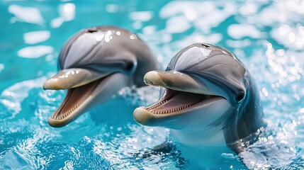 Close-up of two friendly dolphins swimming with heads above calm water, marine wildlife in natural habitat