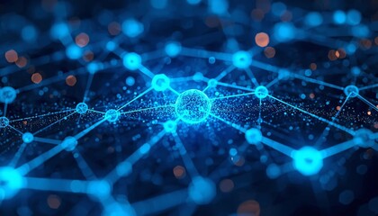 Abstract Network Connections Glowing in Blue Neon. Digital Data Mesh and Blockchain Concept