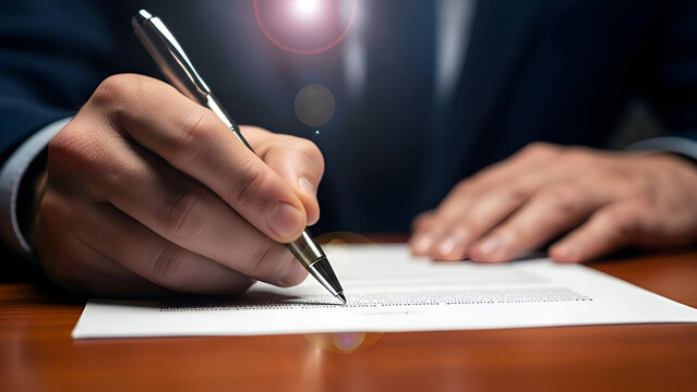Sharp focus on signing official documents with elegant pen, sealing a deal with precision and professionalism in a sleek, sophisticated setting