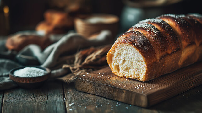 Rustic French baguette with crispy crust on wooden cutting board, coarse salt and linen napkin, dark food photography