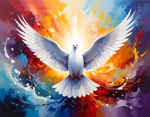 Obraz premium Dove with outstretched wings shines brightly amidst a vivid, colorful, swirling background