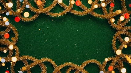 Festive gold tinsel garland frame with colorful lights on a textured green background