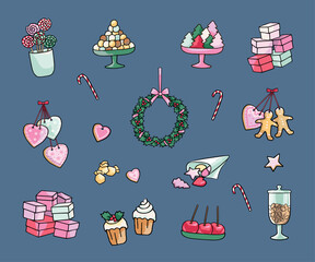 Set of Christmas traditional sweets, decorations and holiday elements festive winter illustration