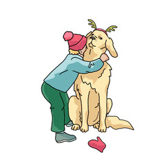 kid in winter outfit and dog with deer antlers